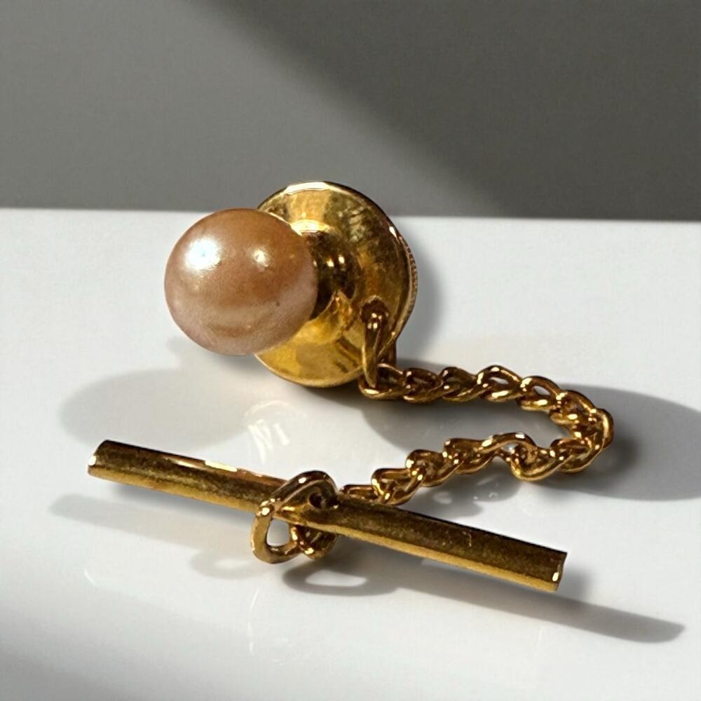 Vintage Faux Pearl Tie Pin 1/20th Gold Plate Stem Tie Tack with Chain